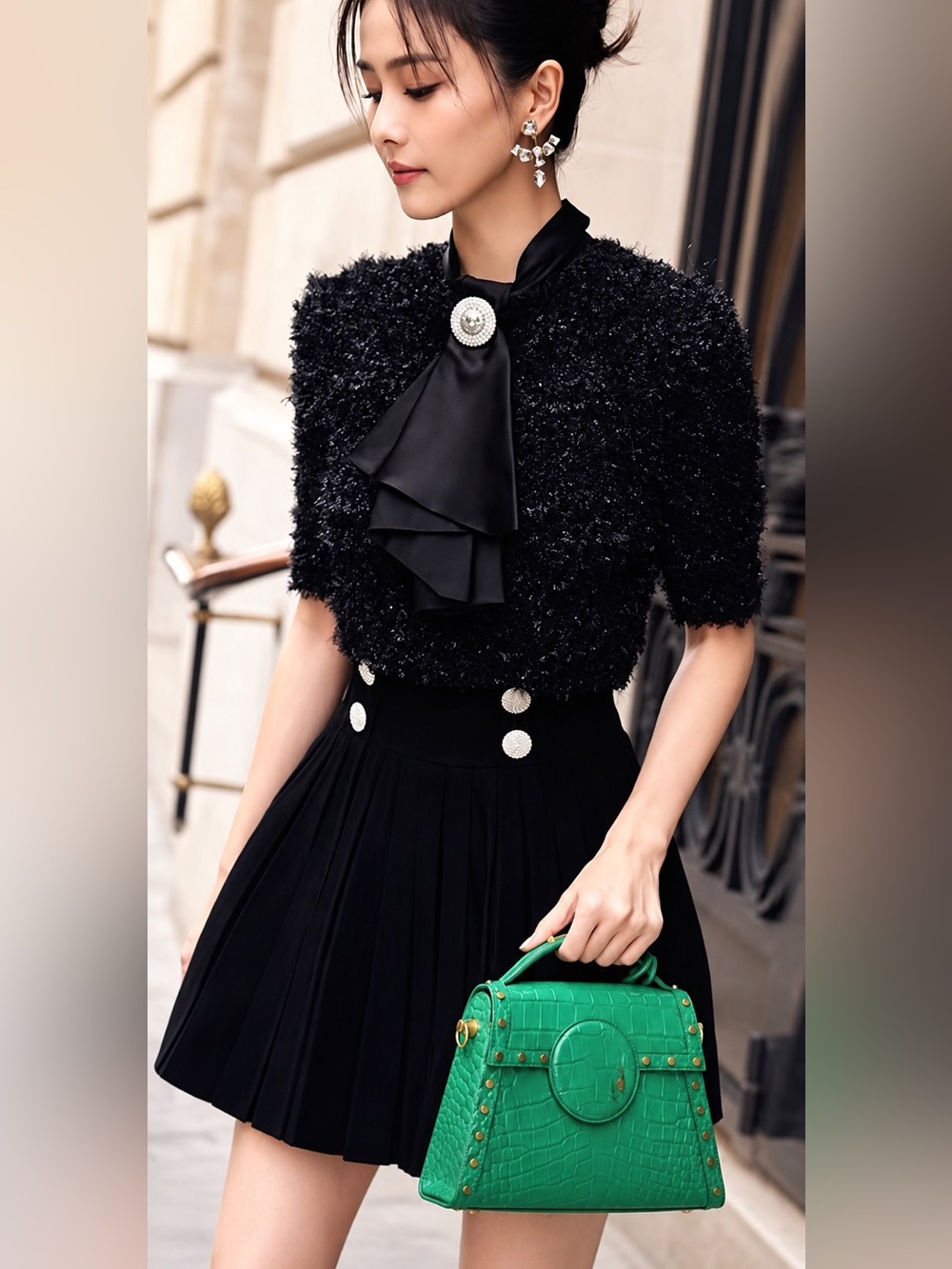 Balmain Cropped Bow Top & Crystal Button Pleated Skirt Set